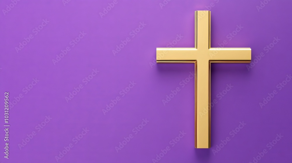 A striking golden Christian cross set against a liturgical violet purple background, symbolizing penance and sacrifice during Advent and Lent, perfect for online worship and church sermons