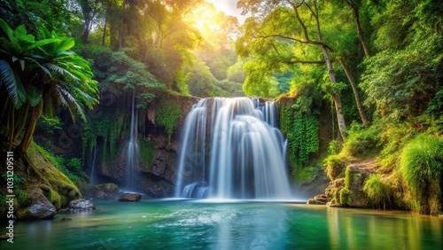Jungle waterfall in morning spring light, surrounded by lush greenery
