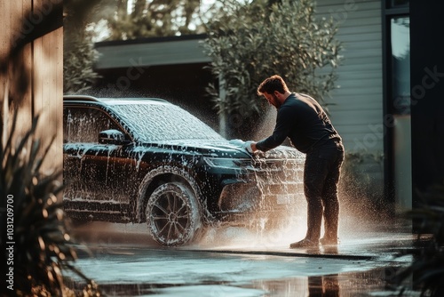 A man washes his SUV car in the driveway of his house.