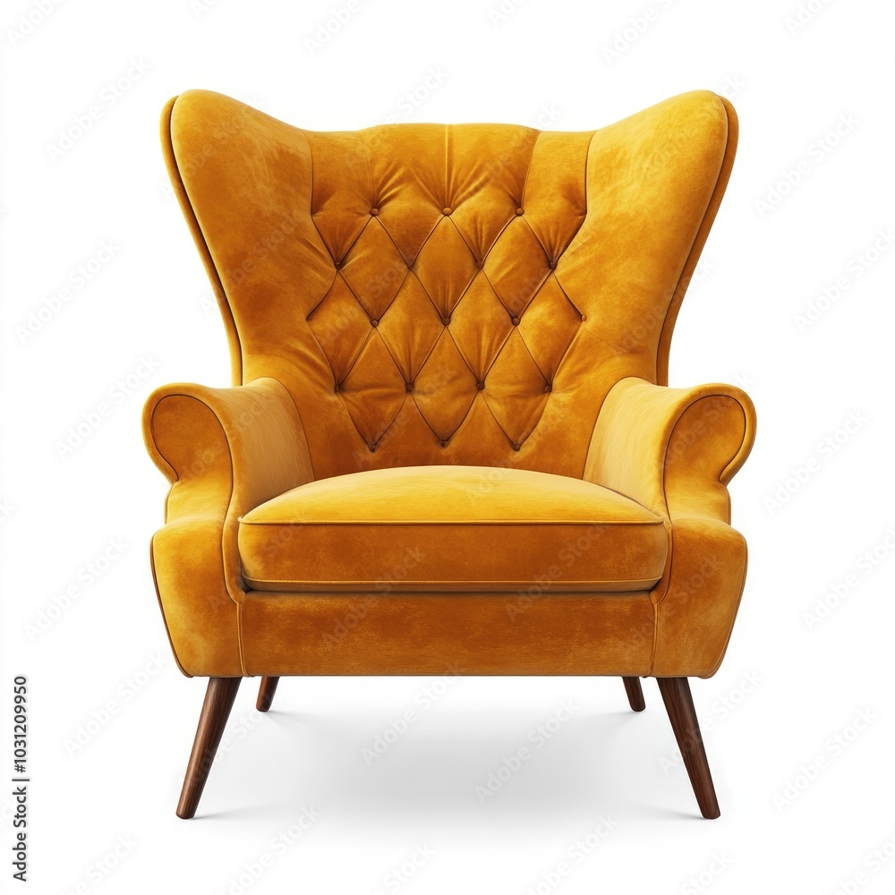 Elegant Yellow Velvet Armchair with Tufted Backrest and Wooden Legs in a Studio Setting Elegant Yellow Velvet Armchair with Tufted Backrest and Wooden Legs in a Studio Setting