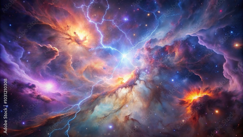 Lagoon Nebula Space Galaxy with Lightning and Space Dusts in Depth of Field Lagoon Nebula Space Galaxy with Lightning and Space Dusts in Depth of Field