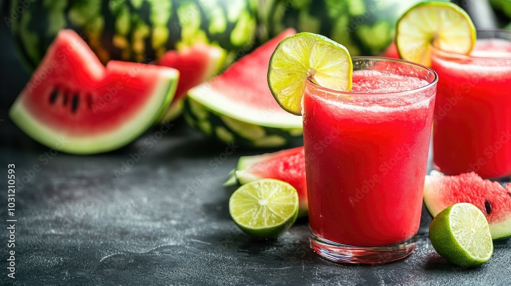 Refreshing Watermelon Lime Drink on Dark Background Refreshing Watermelon Lime Drink on Dark Background