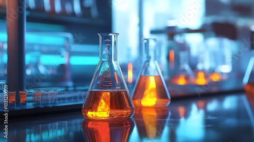 Close-up of an Orange Liquid in a Glass Beaker in a Laboratory Setting