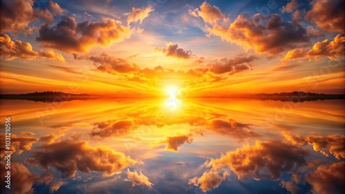 landscape at sunset with orange sky, sun, clouds