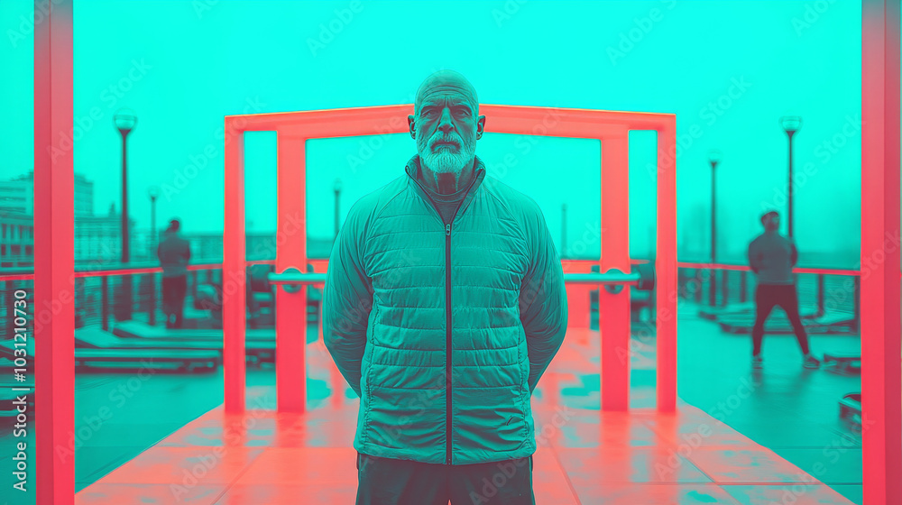 Fototapeta premium A senior man stands with his hands behind his back in front of an outdoor gym.