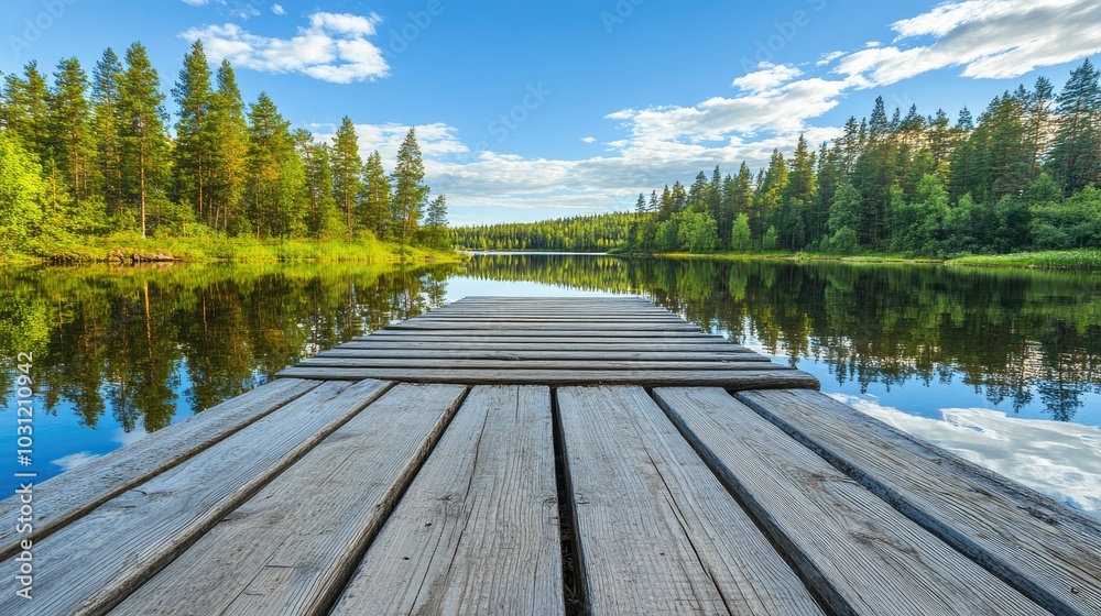 Fototapeta premium Serene Reflection on Calm Water in Forested Landscape