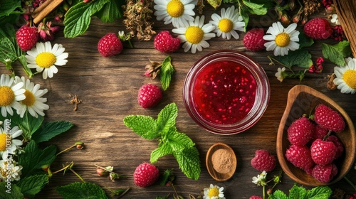 Fresh Raspberry Jam with Mint and Flowers Arrangement