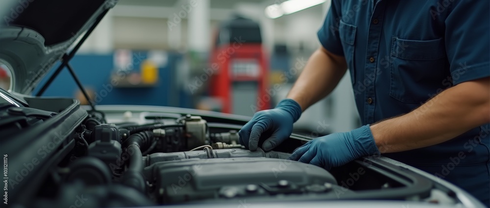 auto mechanic working in workshop, close up a car mechanic repairing car engine, service worker at the work auto mechanic working in workshop, close up a car mechanic repairing car engine, service worker at the work