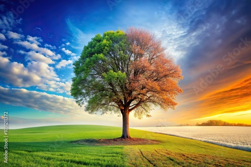 Landscape with a tree in different seasons Point of View