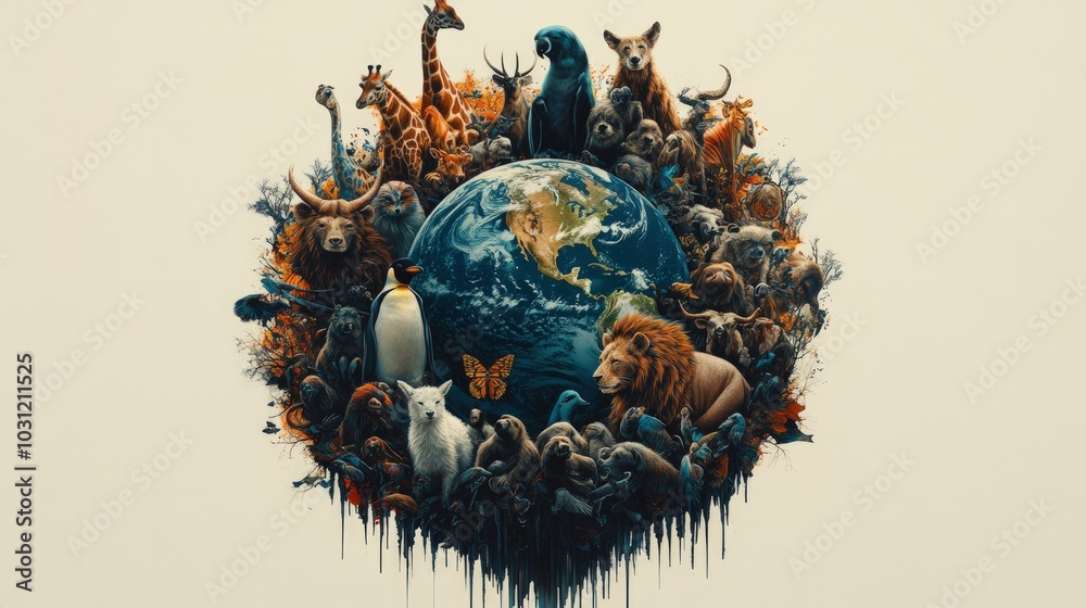 A diverse group of animals surround a globe, representing the beauty and diversity of Earth's wildlife.