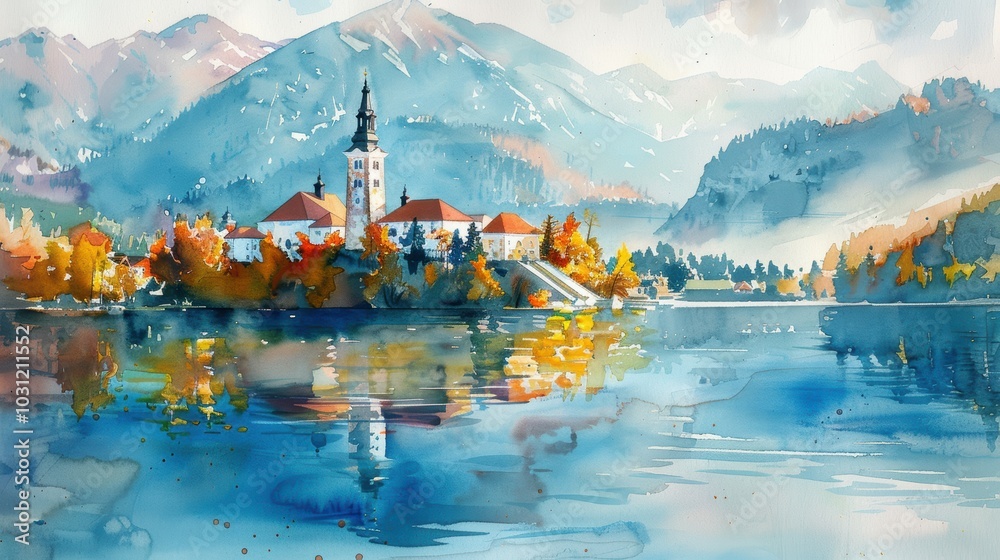 Fototapeta premium Serene Watercolor Illustration of Lake Bled