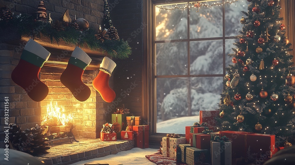 A cozy Christmas scene featuring a decorated fireplace with stockings hanging, a lit Christmas tree adorned with ornaments, and wrapped gifts nestled beneath. Snow falls softly outside the window,