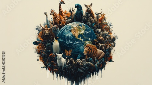 Obraz na płótnie A diverse group of animals surround a globe, representing the beauty and diversity of Earth's wildlife. w salonie