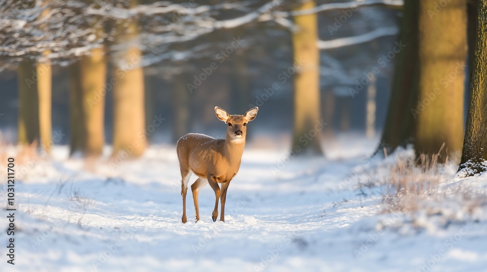 A deer stands in a snowy forest path, surrounded by tall trees. A deer stands in a snowy forest path, surrounded by tall trees.