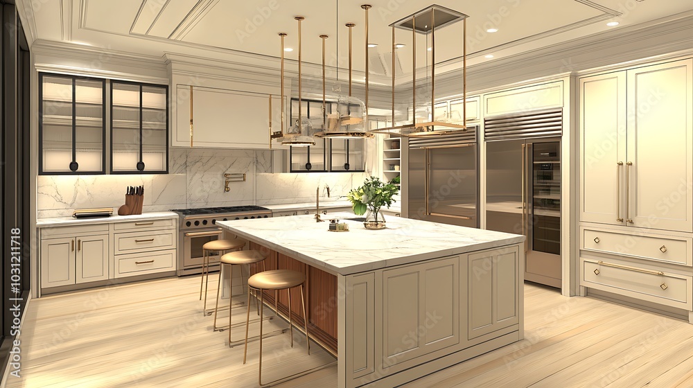 Modern Kitchen with Marble Countertops and Gold Accents Modern Kitchen with Marble Countertops and Gold Accents