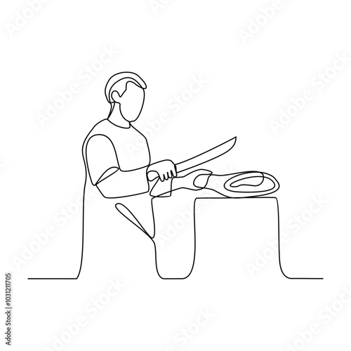 One continuous line drawing of a butcher in the traditional market vector illustration. Meat themes design illustration in simple linear style. Butcher activity to cut meat and serving meat buyers. 