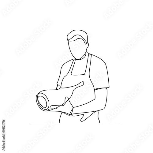 One continuous line drawing of a butcher in the traditional market vector illustration. Meat themes design illustration in simple linear style. Butcher activity to cut meat and serving meat buyers. 