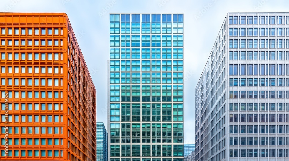 Three modern office buildings in a row, with an orange building on the ...