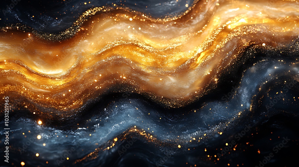 Abstract digital art of swirling gold and blue with sparkles on a black background. Abstract digital art of swirling gold and blue with sparkles on a black background.