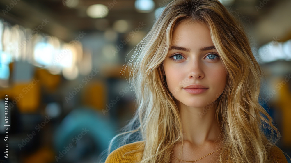 Obraz premium Young woman with blonde hair and blue eyes looks directly at the camera with a slight smile.