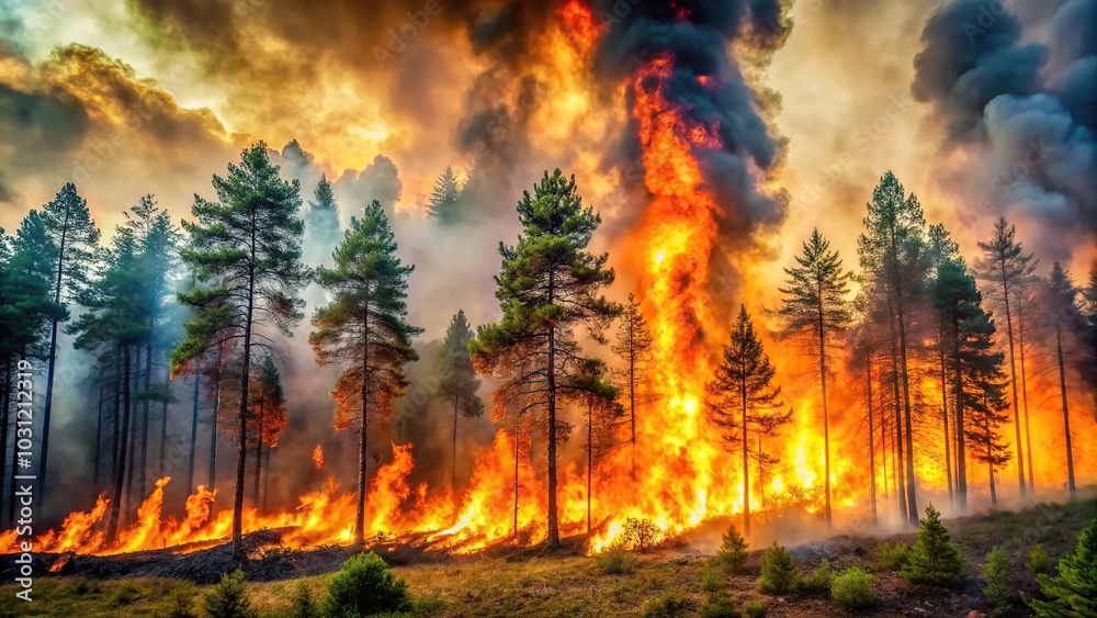Large forest fire with smoke and flames miniature catastrophe Large forest fire with smoke and flames miniature catastrophe
