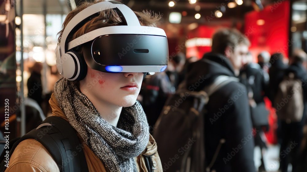 A young person wearing a VR headset, immersed in a virtual experience, with a crowd of people in the background. A young person wearing a VR headset, immersed in a virtual experience, with a crowd of people in the background.
