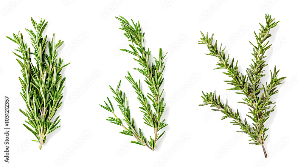 Obraz premium Fresh Rosemary Sprigs Arranged on a Clean White Background Generative AI