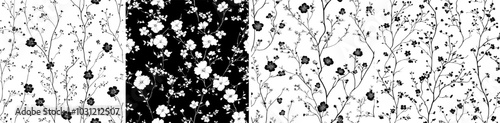 Monochrome illustration, small wild flowers vector pattern