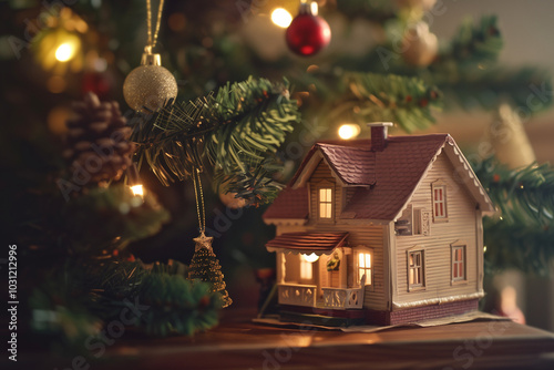 Doll House Under the Tree in a Cozy Living Room with Christmas Lights and Decorations Perfect for Children’s Holiday Gift photo