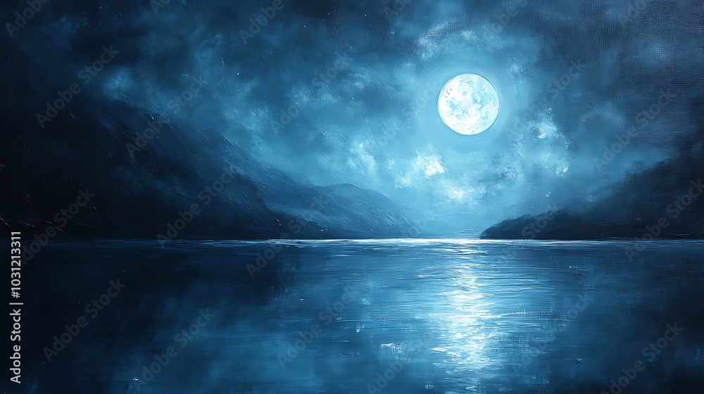 Nighttime Landscape with a Full Moon Reflecting on a Calm Lake Nighttime Landscape with a Full Moon Reflecting on a Calm Lake
