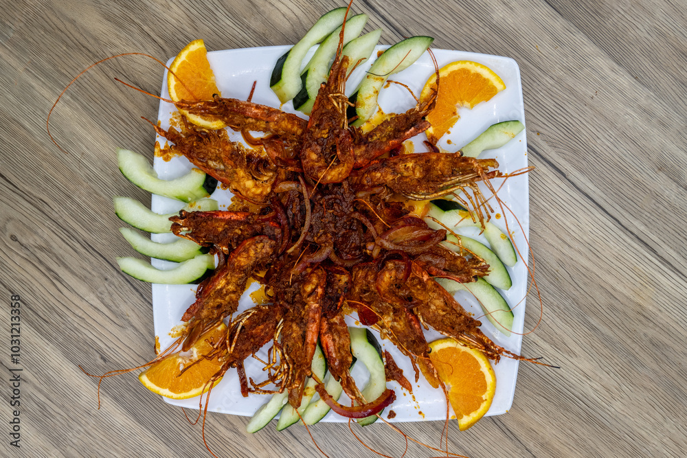 custom made wallpaper toronto digitalOverhead view of grilled langostino prawns arranged on a bed of sliced apples and oranges for a delicious seafood meal