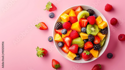 A vibrant bowl of fresh mixed fruits, including strawberries, blueberries, and mango, arranged beautifully on a pink background.