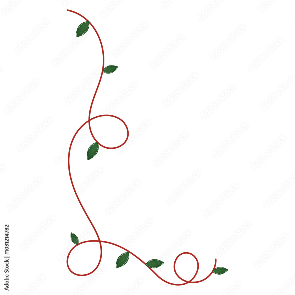Decorative curly red vine with small green leaves, Vector Decorative curly red vine with small green leaves, Vector