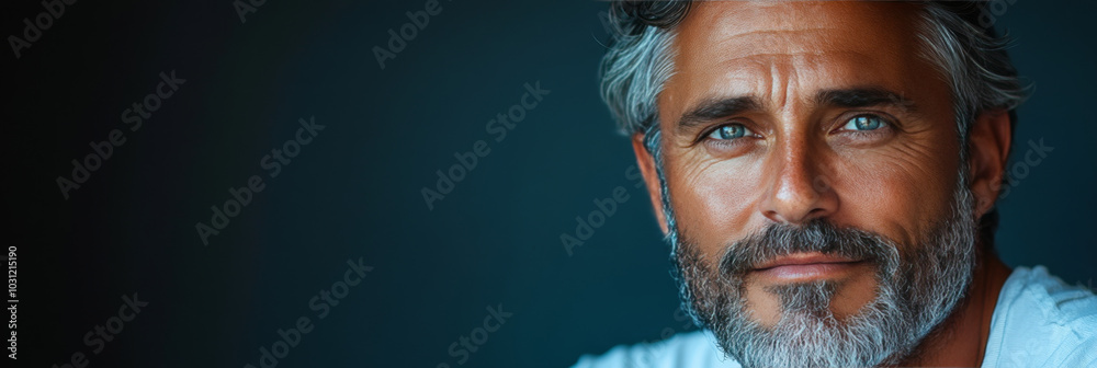 Close-up portrait of a handsome man with blue eyes and a salt-and-pepper beard.