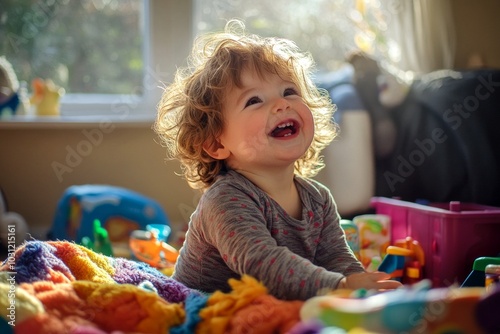 A joyful child playing on a colorful blanket, surrounded by toys. The warm sunlight adds charm to the scene. Ideal for family, lifestyle, or children’s themes. AI photo