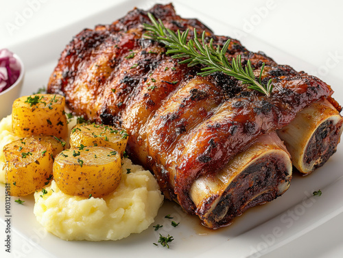 German pork knuckle, showcasing its crispy, golden-brown skin and tender meat photo