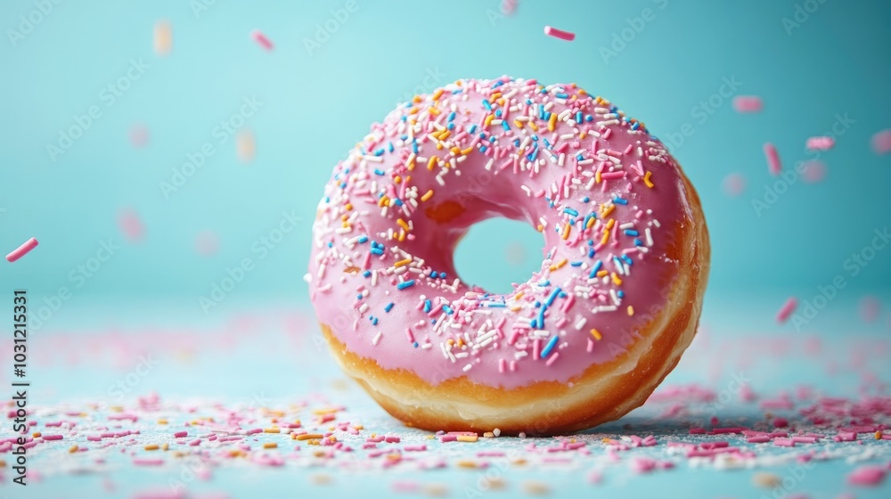 A pink frosted donut with sprinkles against a blue background, with sprinkles falling around it. A pink frosted donut with sprinkles against a blue background, with sprinkles falling around it.
