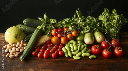 Fresh Vegetables and Herbs on Wooden Surface