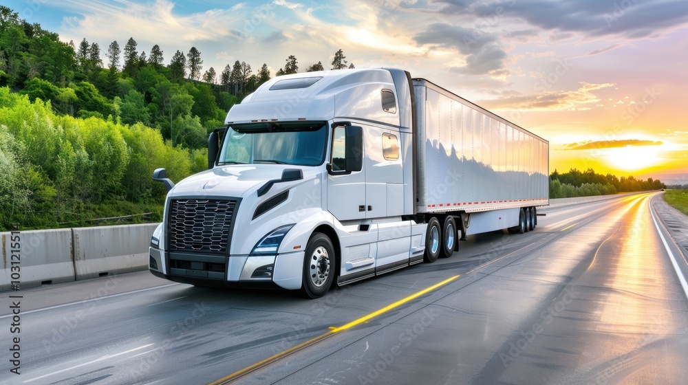 White Semi-Truck Driving on a Highway at Sunset White Semi-Truck Driving on a Highway at Sunset