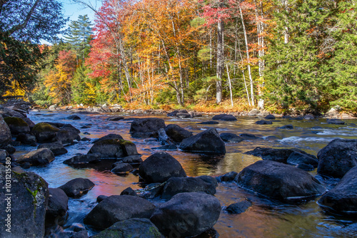 Raquette River downstream from Buttermilk Falls in Long Lake NY ADK on a fall morning with brilliant foliage reflections photo