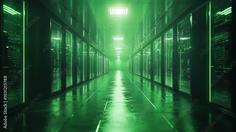 A dark futuristic hallway illuminated by glowing green lights, mirrors reflecting endless paths, creating a mysterious maze-like feel, eerie reflections A dark futuristic hallway illuminated by glowing green lights, mirrors reflecting endless paths, creating a mysterious maze-like feel, eerie reflections