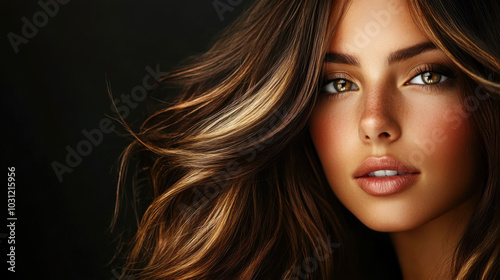 Beauty brown hair women with face for hair care product with copyspace