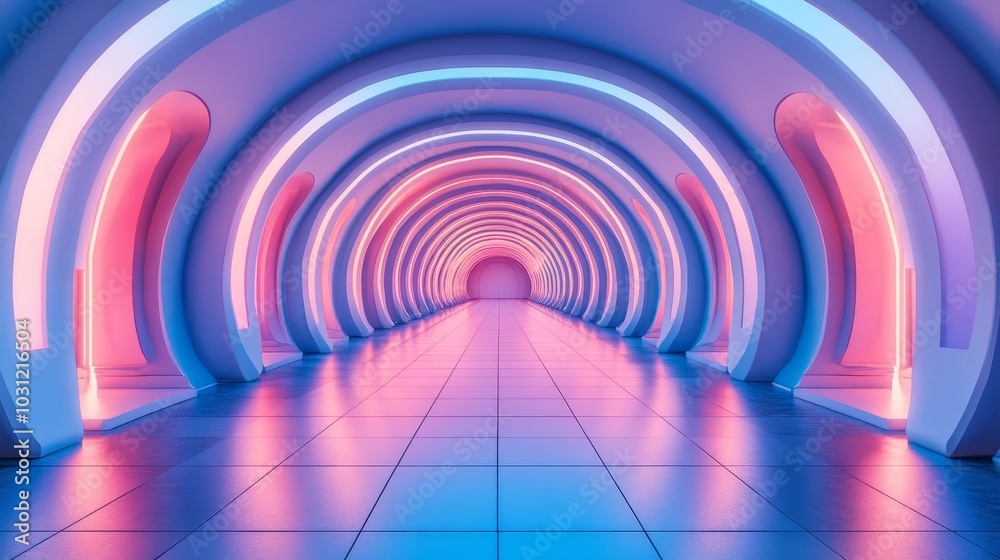A futuristic hallway with reflective surfaces, symmetrical arches stretching into infinity, illuminated by soft neon hues, creating a surreal mirrored environment A futuristic hallway with reflective surfaces, symmetrical arches stretching into infinity, illuminated by soft neon hues, creating a surreal mirrored environment