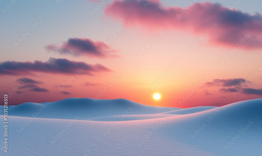 Serene winter landscape at sunrise with soft snow-covered hills. Serene winter landscape at sunrise with soft snow-covered hills.