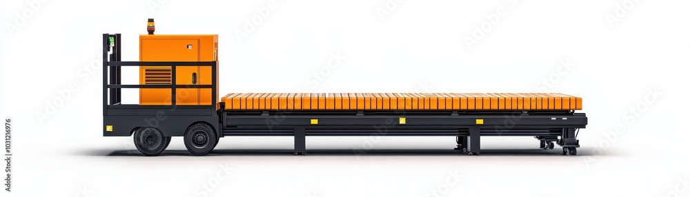 A flatbed truck with an orange and black design, featuring a long platform for transporting goods. A flatbed truck with an orange and black design, featuring a long platform for transporting goods.
