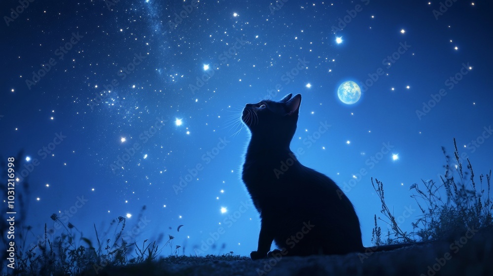 Black cat gazing at starry night sky with moon, peaceful nature concept Black cat gazing at starry night sky with moon, peaceful nature concept