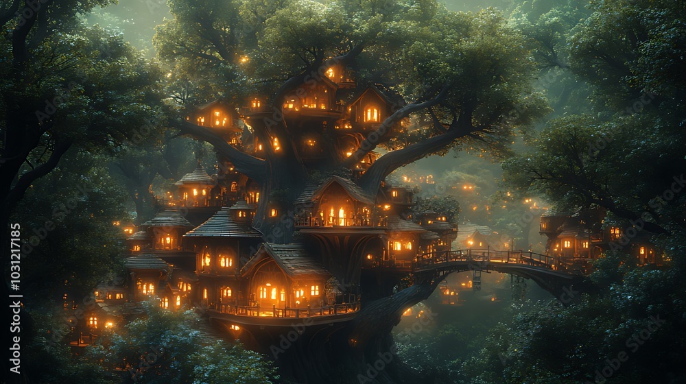 Obraz premium A magical treehouse village nestled in a dense forest, illuminated by warm lights, creates a whimsical and enchanting scene.