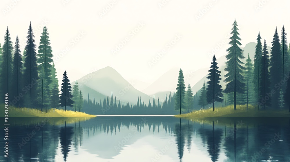 Obraz premium Serene Mountain Lake with Reflecting Pine Trees