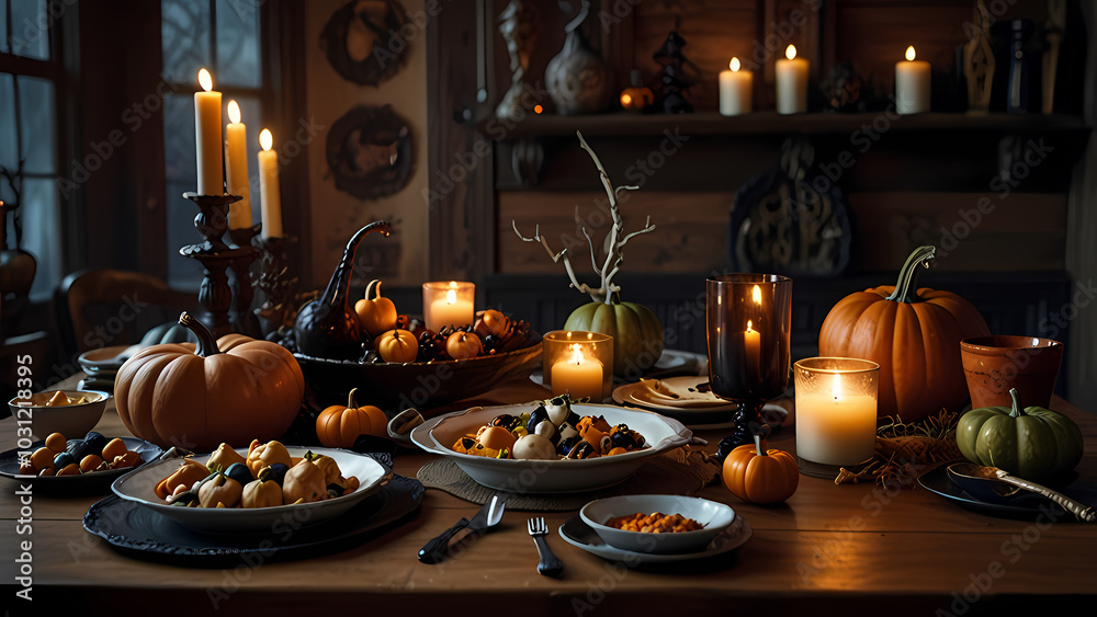 Fototapeta premium old, rustic wooden table surrounded by Halloween decorations