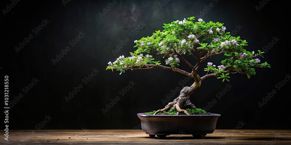 Fotobehang  leafy bonsai with small green leaves and small white and violet flowers on a black background #1031218550